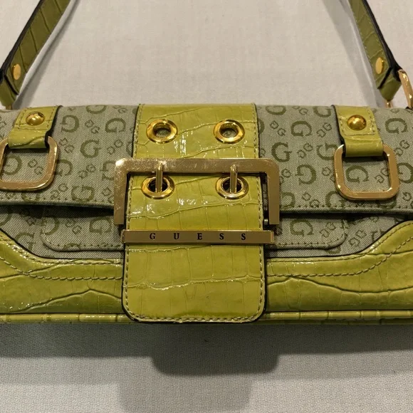 Vintage GUESS Y2K Green Shoulder Bag Monogram Brass Buckle Purse Croc Pattern - Picture 4 of 16